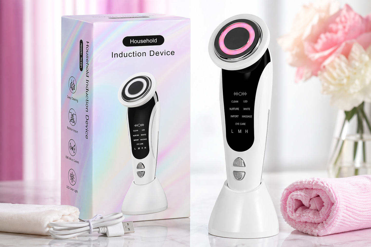 Masajeador Facial 7 en 1 Rejuvenecimiento de la Piel con con vibración y compresa caliente